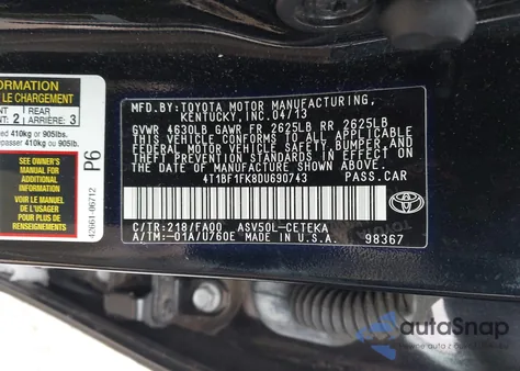 2013 Toyota Camry L from USA, damaged, VIN 4T1BF1FK8DU690743